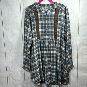 Wrangler Plaid Flannel Tunic Top with Lace Detail Size L Western Cottagecore